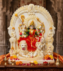 Traditional Ek Chala Maa Durga Idol in Red Saree (15") | Premium Marble Dust Sherawali Mata