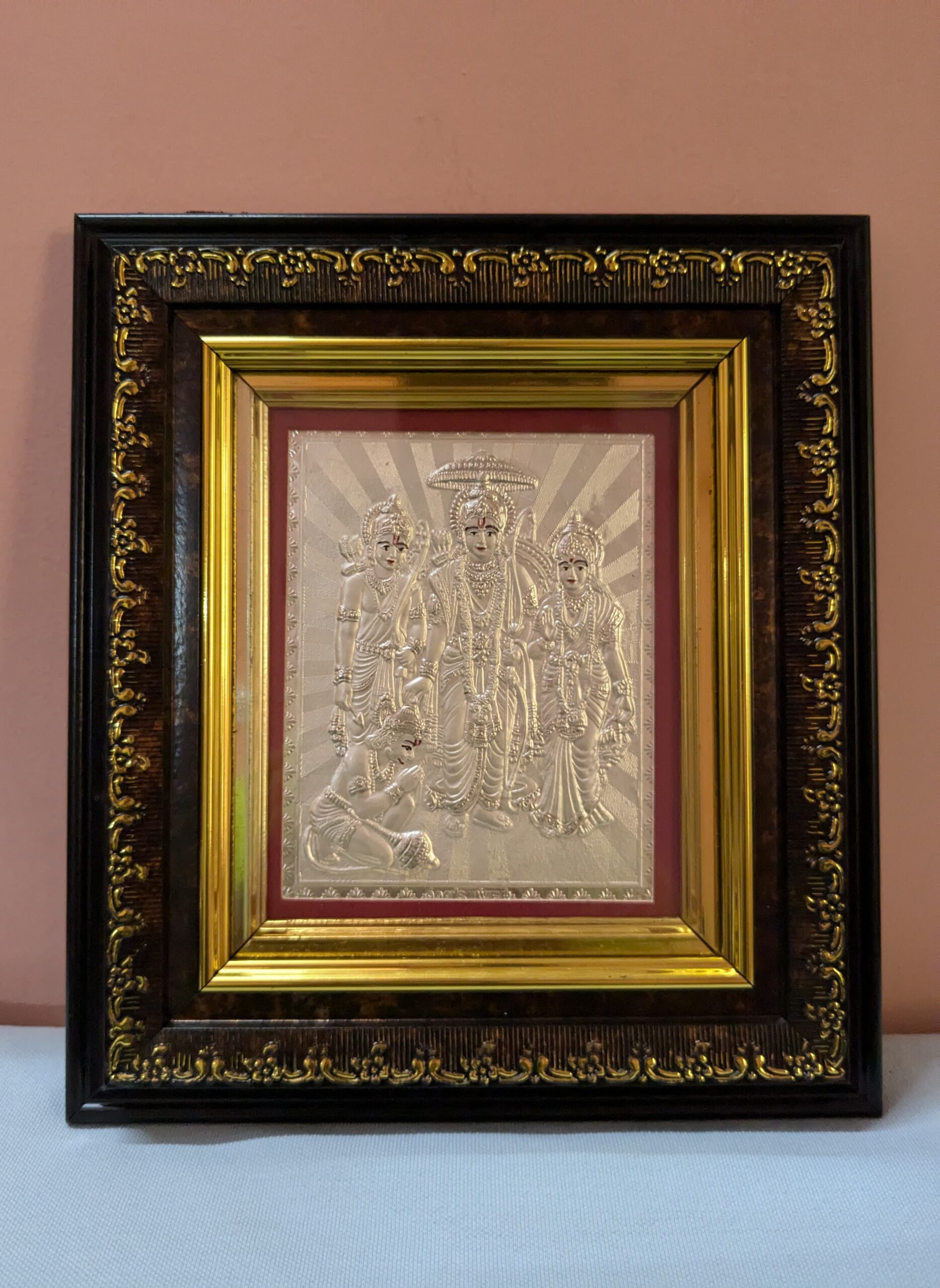 Shri Ram Lakshman Sita & Hanuman Silver Frame, Wall Hanging Ram Lakshman Silver Work, Ram & Sita Silver Portrait, Wooden Frame Hindu Gods Frame