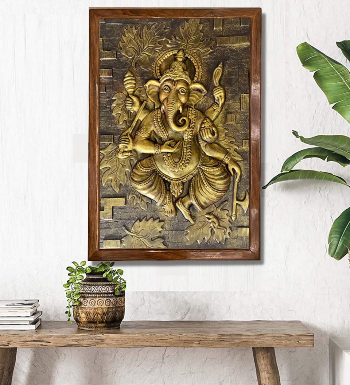 Alternative view of Ganesha Wall Hanging, 3D Ganesha Wall Mural, Home Decor Ganesha Mural